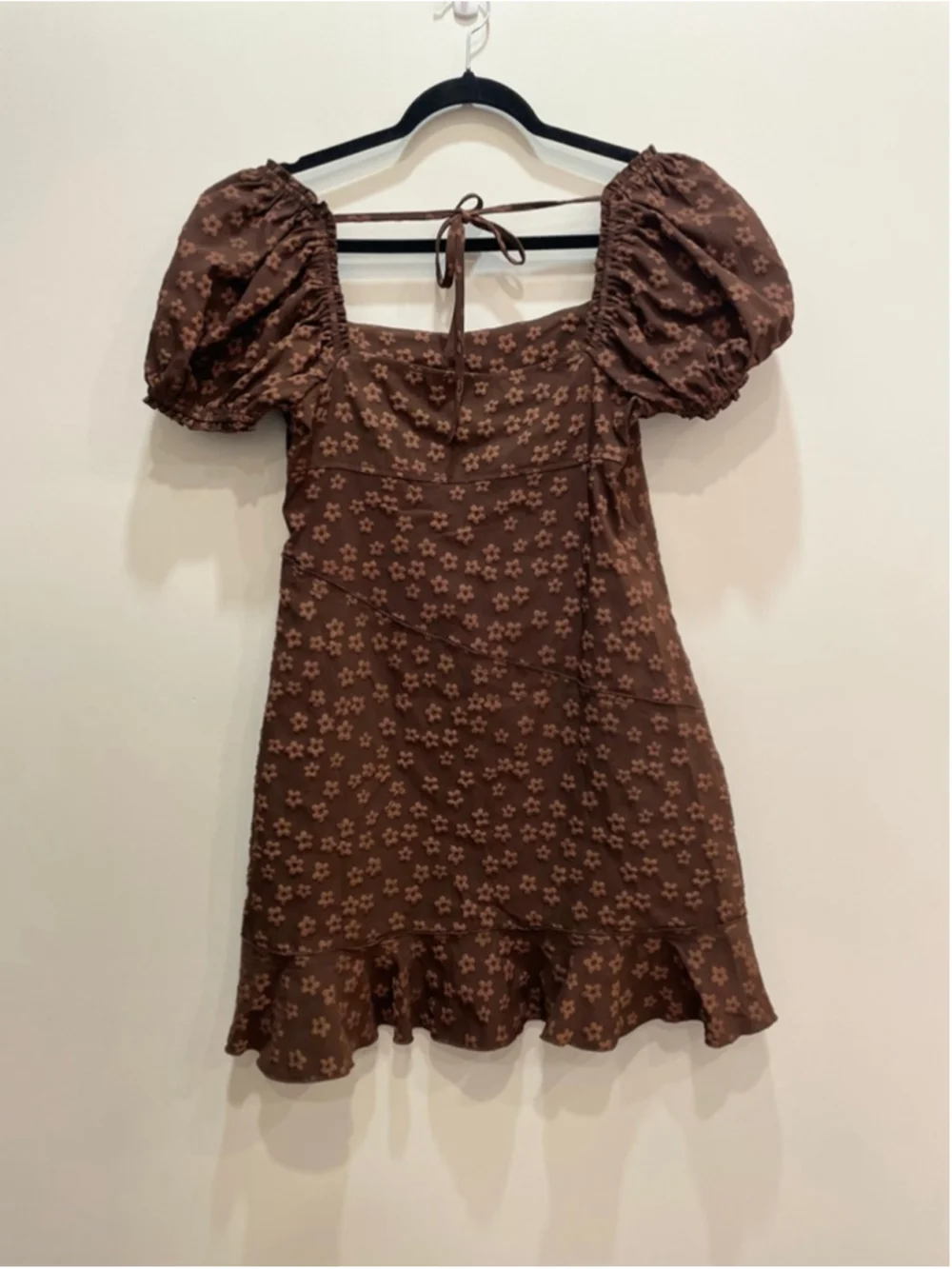 STORIA Brown Floral Babydoll Mini Dress L Puff Sleeves Fairy Grunge Asymmetric - Picture 4 of 9